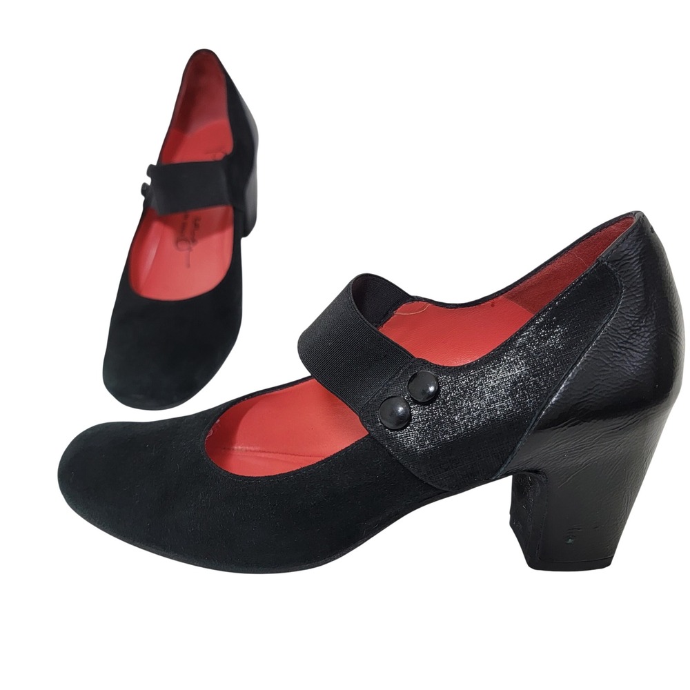 Pas de Rouge Black Suede Patent Mary Jane Heel Pump Shoes Italy 38.5 EU 8 US